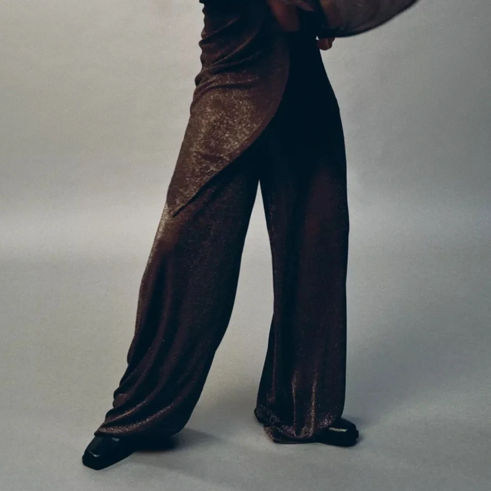 Zara NWT bronze/brown metallic thread drawstring metallic thread palazzo pants
